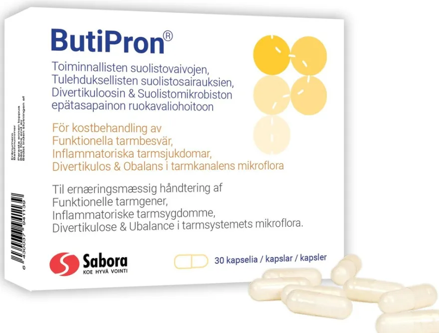 ButiPron 30 kapselia suolistosairauksien ruokavaliohoitoon. Erityisiin lääkinnällisiin tarkoituksiin tarkoitettu elintarvike.