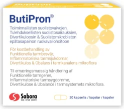 ButiPron 30 kapselia suolistosairauksien ruokavaliohoitoon. Erityisiin lääkinnällisiin tarkoituksiin tarkoitettu elintarvike.
