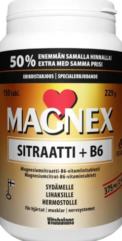 Magnex sitraatti + B6 150 tabl., magnesiumsitraatti-B6-vitamiinitabletti, kampanjapakkaus, Vitabalans