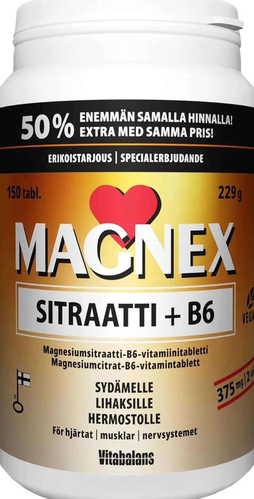 Magnex sitraatti + B6 150 tabl., magnesiumsitraatti-B6-vitamiinitabletti, kampanjapakkaus, Vitabalans
