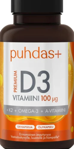 Puhdas+ Premium D3-vitamiini 100 µg + K2 + Omega-3 + A-vitamiini 120 kaps