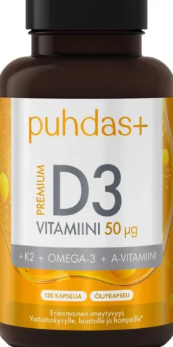 Puhdas+ Premium D3-vitamiini 50 µg + K2 + Omega-3 + A-vitamiini 120 kaps