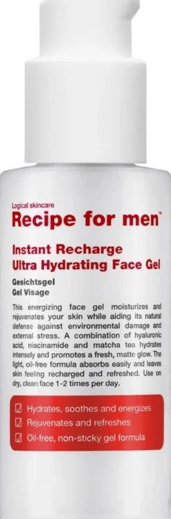 Recipe for Men Instant Recharge Ultra Hydrating Face Gel -geelimäinen kosteusvoide 75 ml